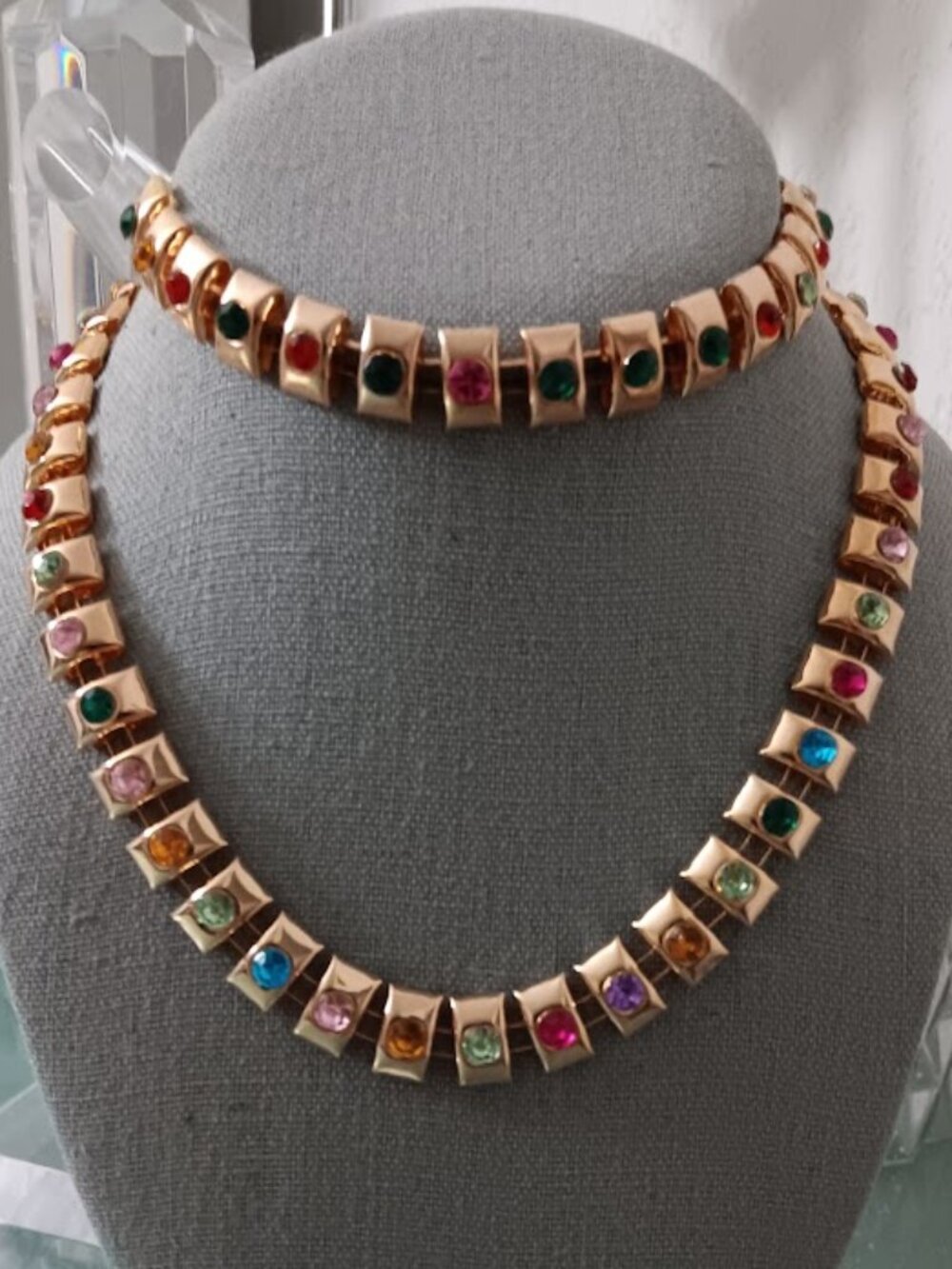 DESIGNER 2pc SET Mod/Contemporary Gold Multicolor Crystals Necklace & Bracelet